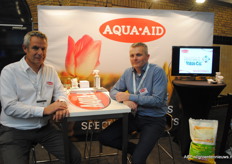 Hans de Kort and Arno Westhoven with Aqua-Aid. Aqua-aid started in the green industry with soil irrigation solutions and now enters the fruit and vegetable industry with bio stimulants, specialties and wetting agents.